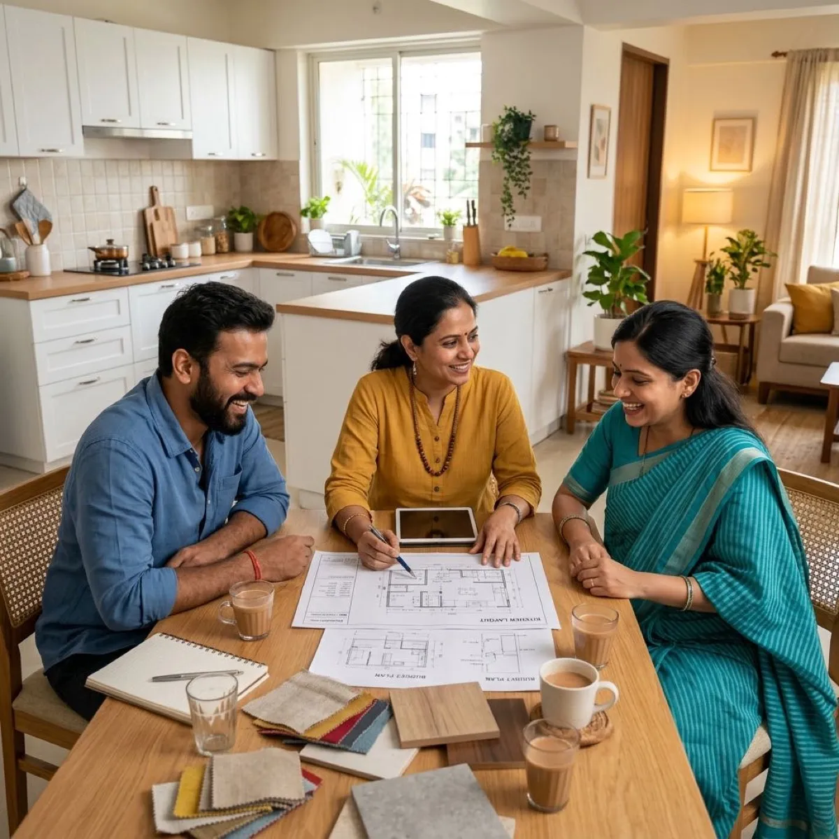 Gharwaala team reviewing kitchen blueprints with homeowners in Delhi