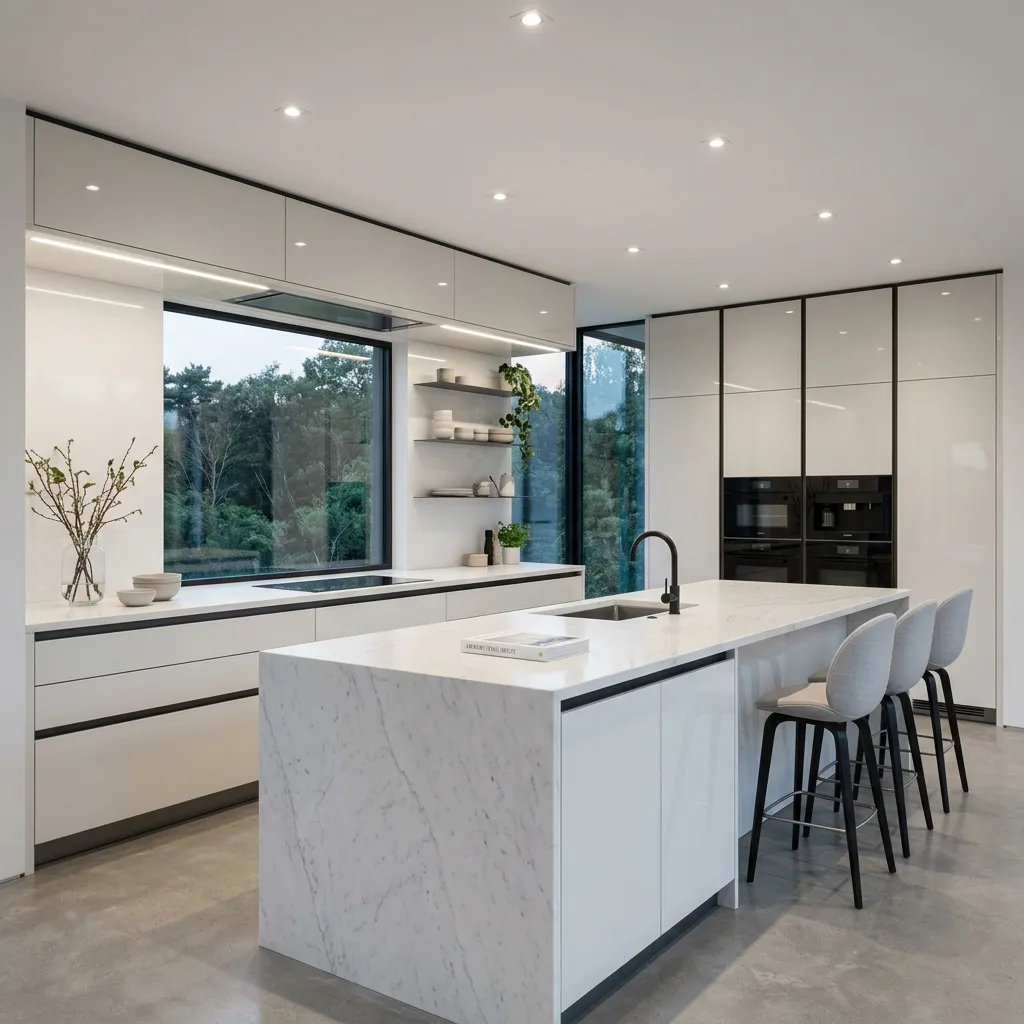 Minimal handleless kitchen design with neutral tones in Delhi apartment