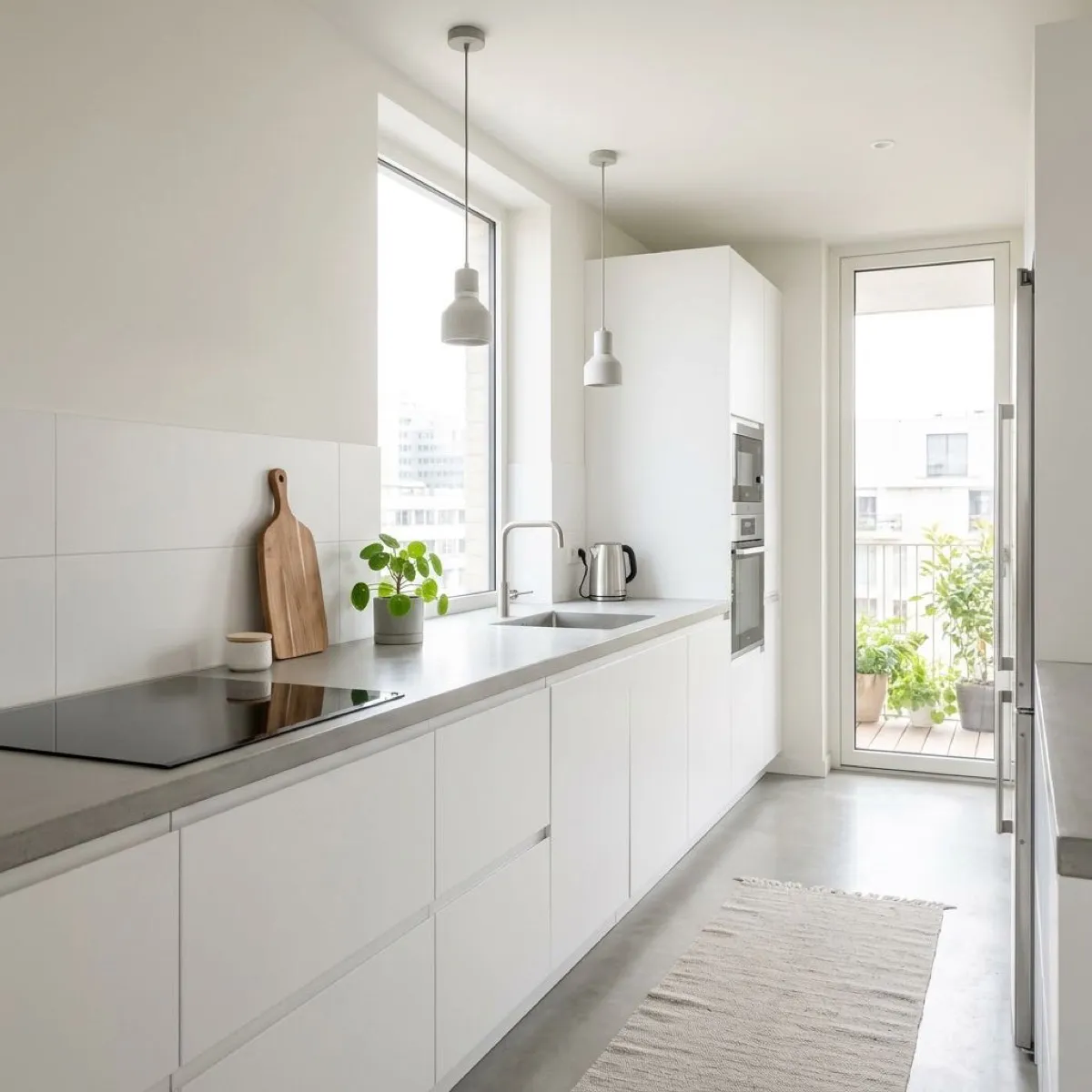 Minimal handleless kitchen design with neutral tones in Delhi apartment